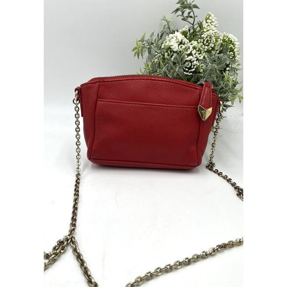Perlina NY Red Pebbled Leather Small Crossbody Bag Gold Chain Monogram Lining - Picture 7 of 13